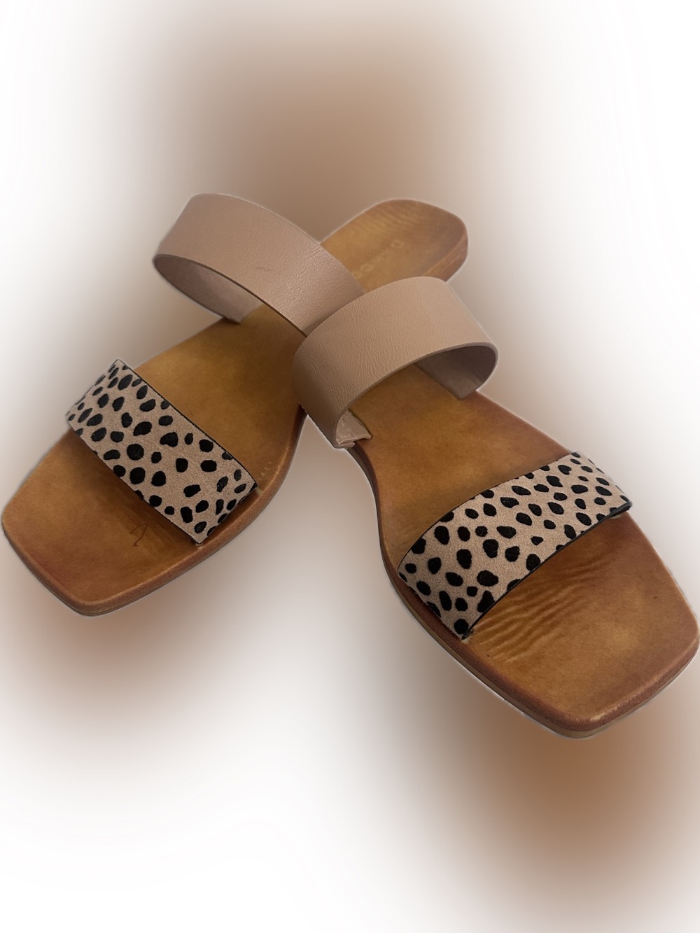 BAMBOO Beige Two-Band Slide Sandals with Leopard-Print Strap